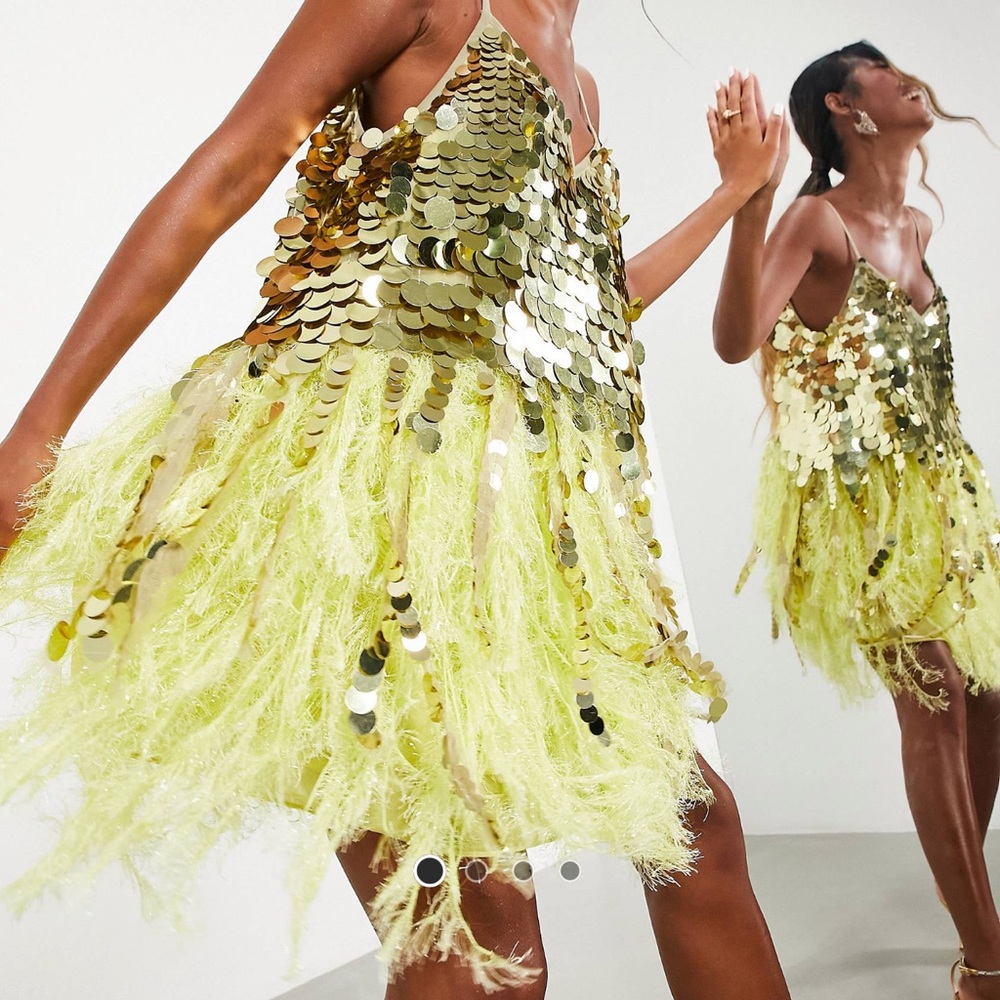 ASOS EDITION paillette sequin midi dress with faux fur hem in yellow.